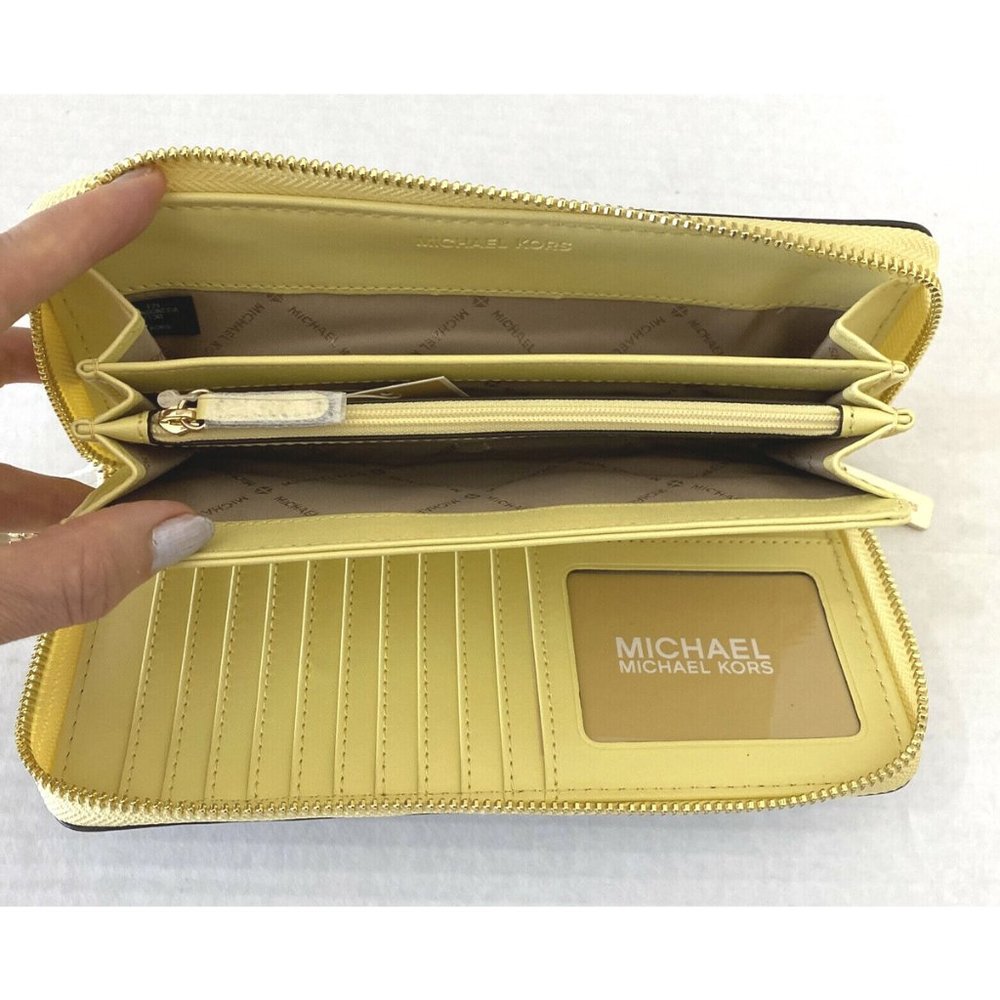 New Michael Kors Jet Set Large Travel Continental Wallet Brown / Buttercup - Picture 5 of 5